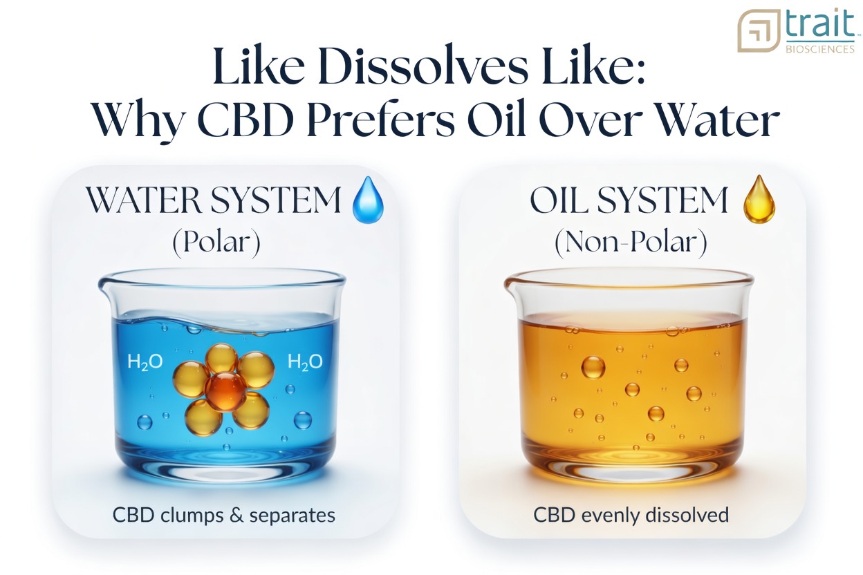 CBD solubility comparison showing oil vs water systems where CBD dissolves in oil but separates in water