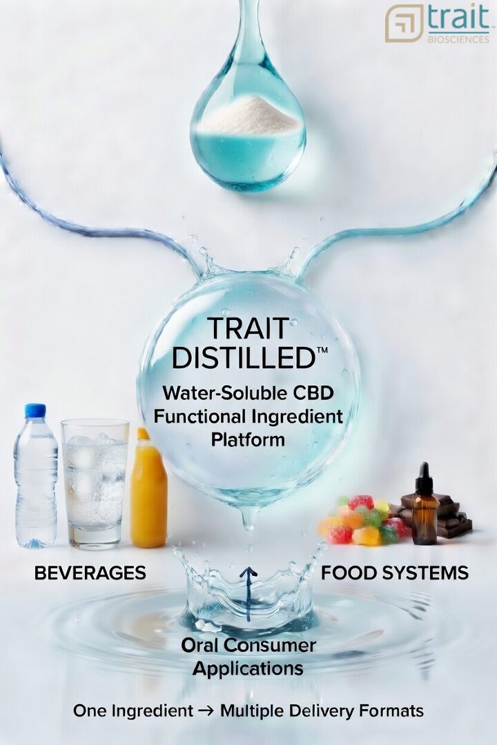 Trait Distilled water-soluble CBD illustrating oral delivery across beverage and food applications with improved bioavailability