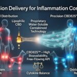 Diagram comparing traditional lipophilic CBD distribution to Trait Biosciences' water-soluble CBD82S precision delivery, showing reduced inflammation and oxidative stress in joints