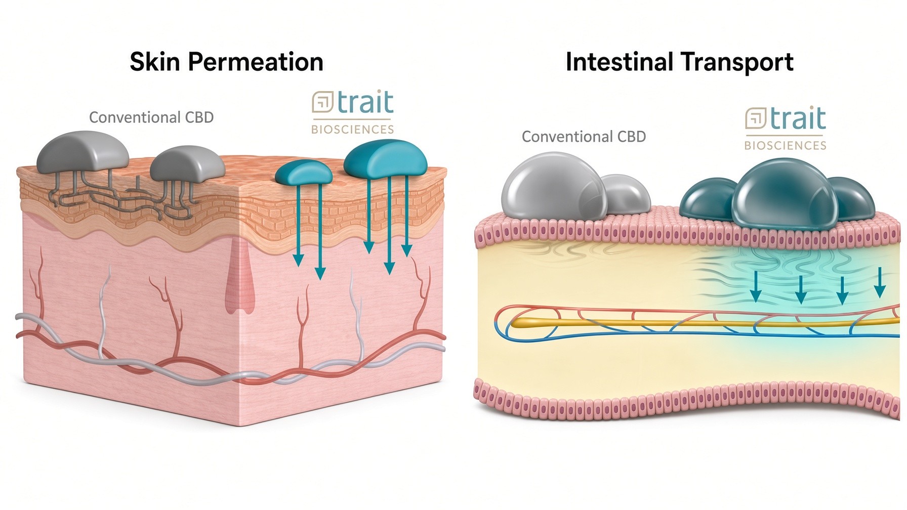 Diagram comparing conventional CBD with Trait Biosciences CBD82S, showing greater skin permeation and enhanced transport across the intestinal membrane