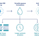 Diagram of Trait Biosciences water-soluble CBD prodrug converting through aqueous formulations to active CBD, showing high tissue permeation, longer systemic presence and high brain exposure
